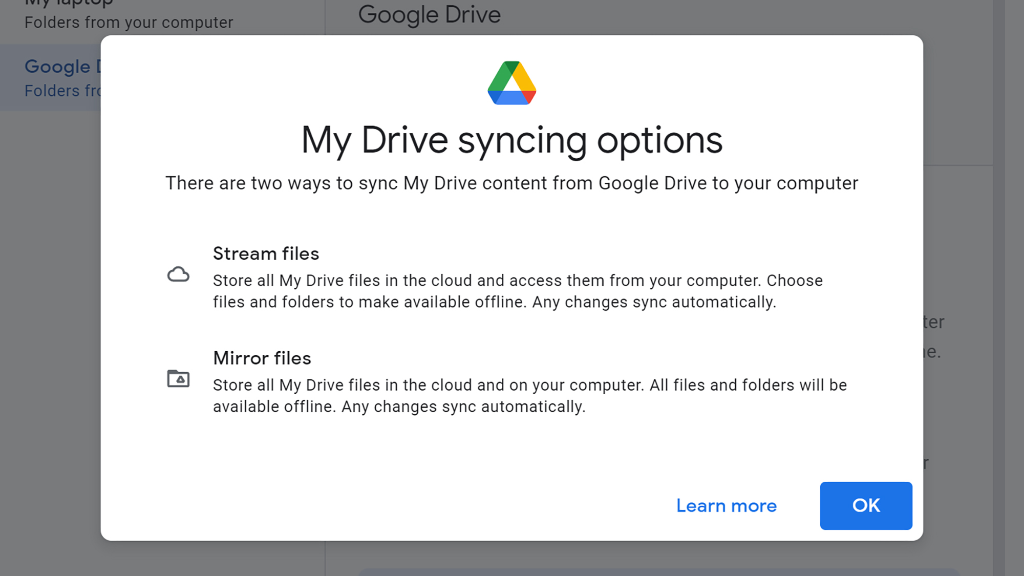Écran des options de synchronisation de My Drive