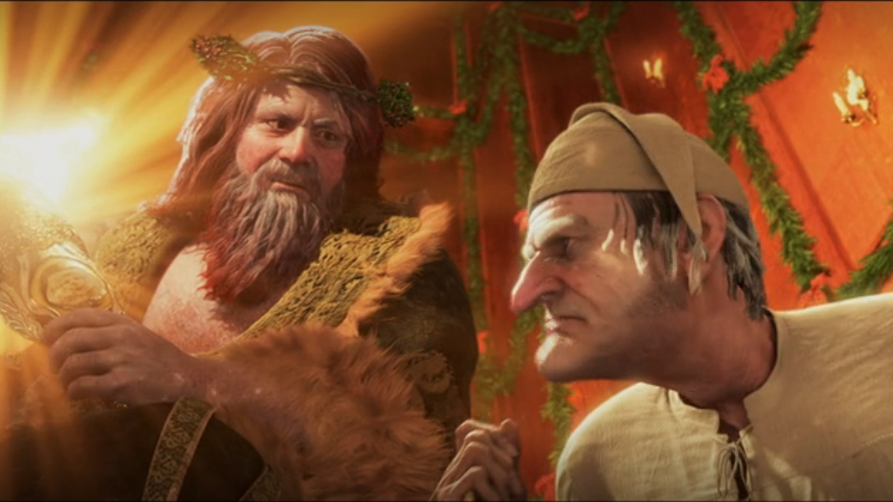 Le Fantôme de Noël Présent regarde sévèrement Ebenezer Scrooge dans le Disney's A Christmas Carol.