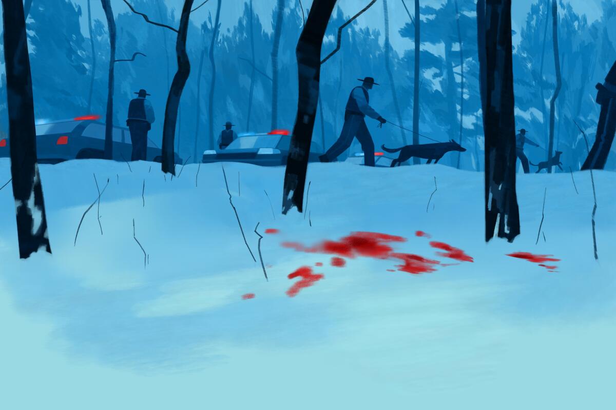 Illustration d'une équipe de secours dans une zone boisée enneigée. Des éclaboussures de sang sont observées dans la neige.