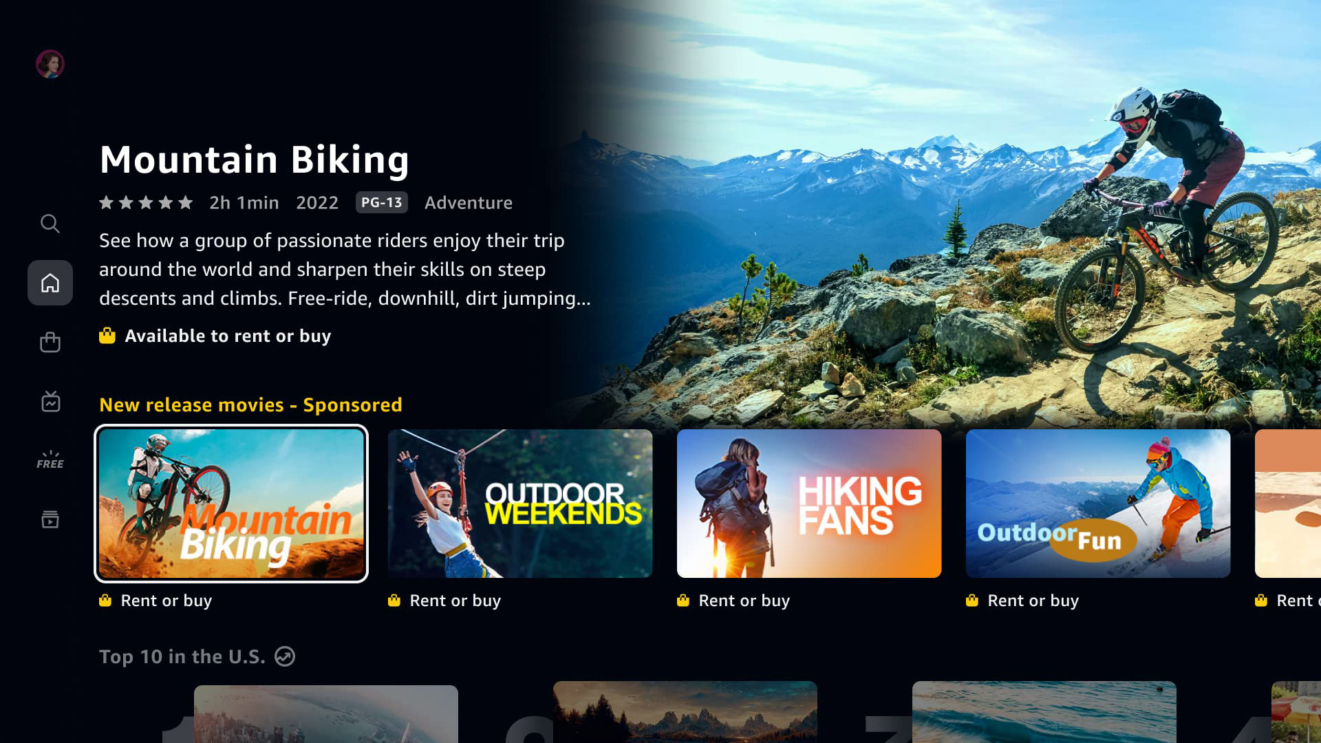 Écran d'accueil de Prime Video avec une émission de vélo de montagne mise en avant