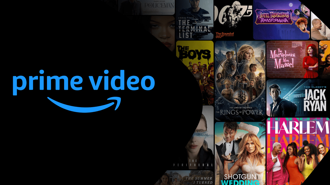 Image promotionnelle de Prime Video avec le logo et des titres de séries et films sur le côté droit.