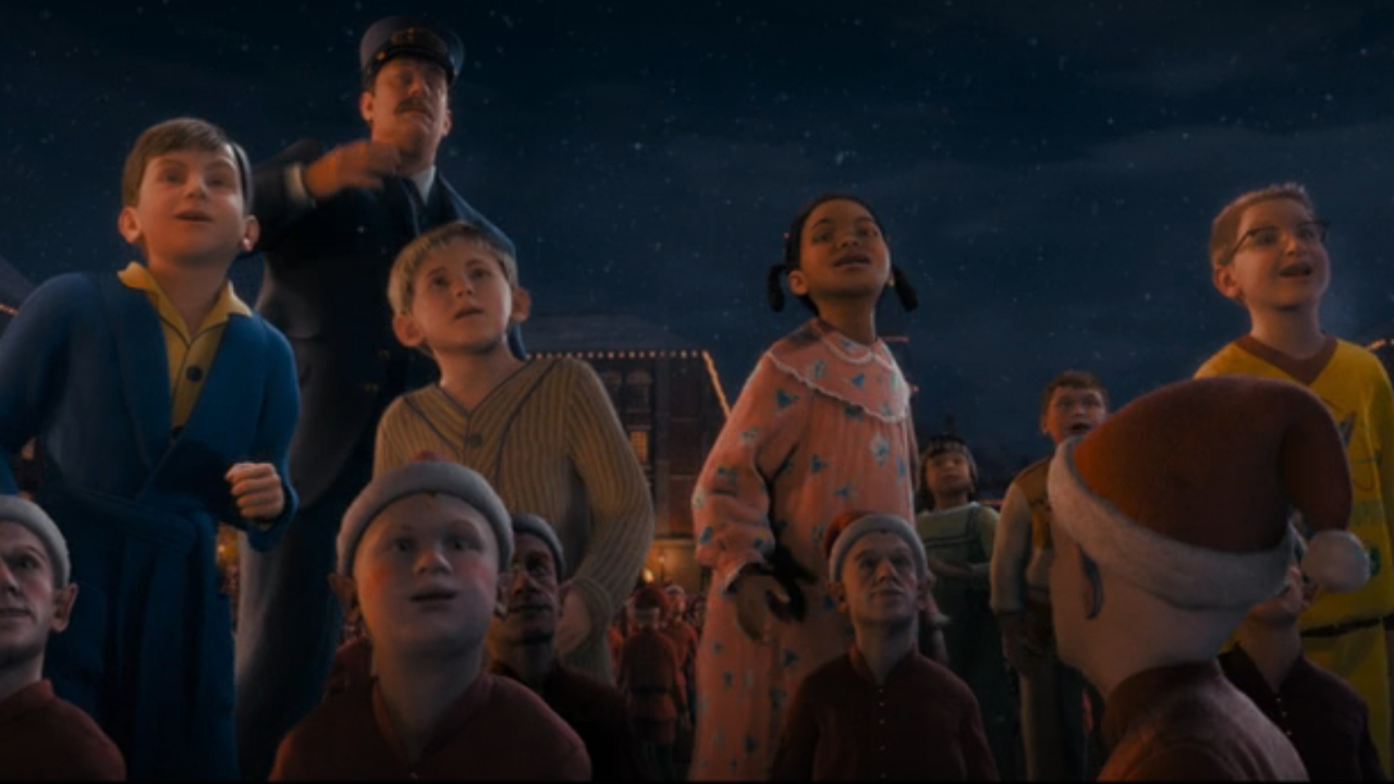 Le Conducteur et les enfants se tiennent excités avec quelques elfes du Pôle Nord dans The Polar Express.