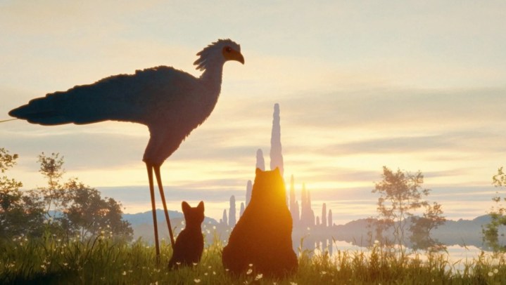 Des animaux regardent un coucher de soleil dans Flow.