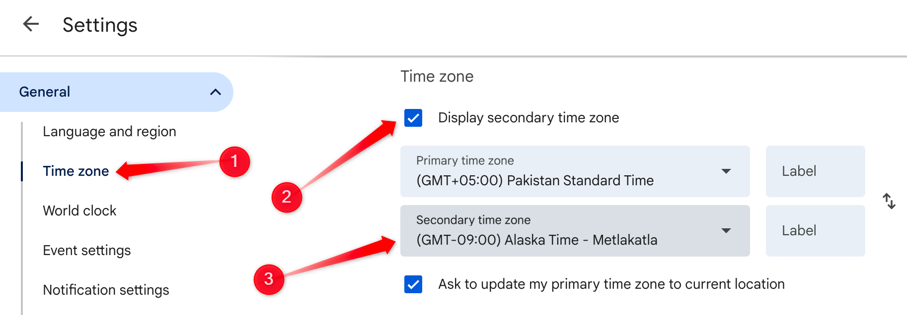 Affichage d'un fuseau horaire secondaire dans Google Calendar.