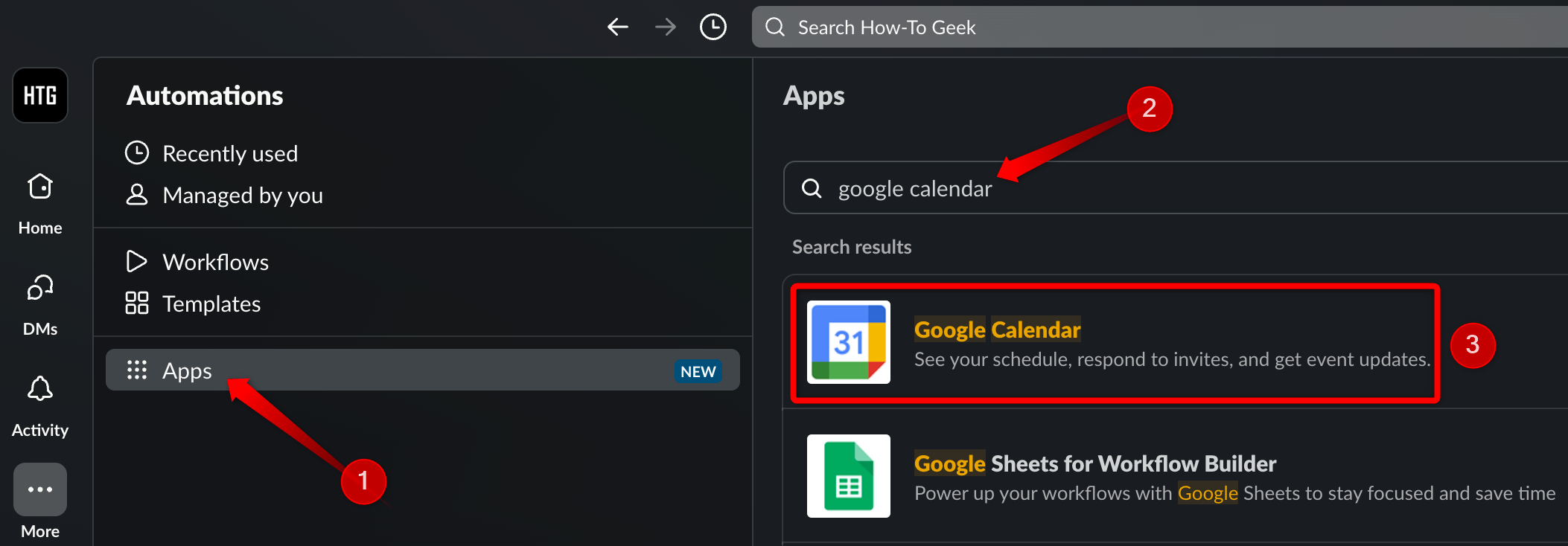 Ajout de Google Calendar dans l'application Slack.