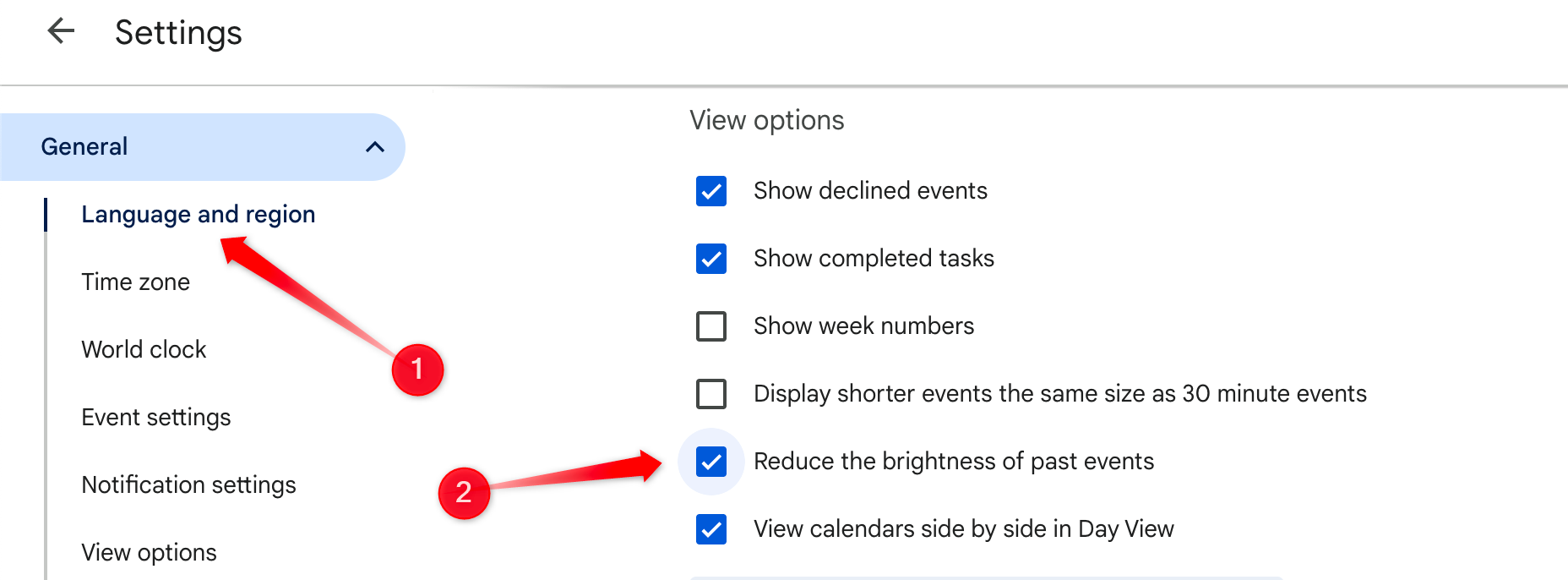Activation des paramètres pour estomper la luminosité dans Google Calendar.