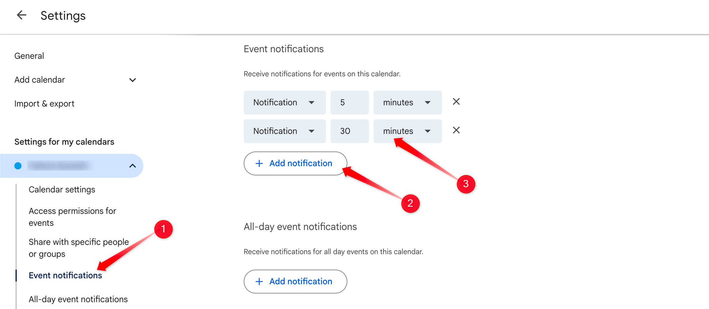 Activation de plusieurs notifications d'événements dans Google Calendar.