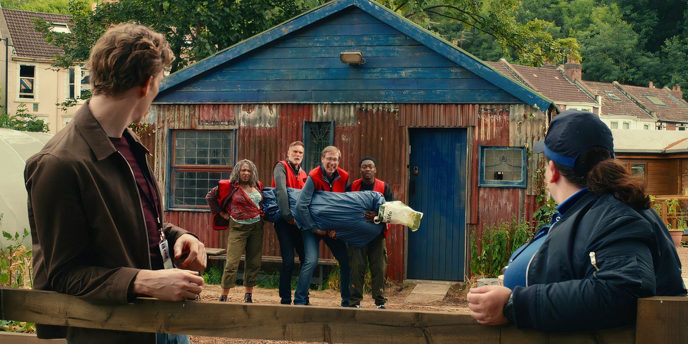 Myrna (Clare Perkins), John (Darren Boyd), Greg (Stephen Merchant), et Christian/Ben (Gamba Cole) pris en flagrant délit en train de transporter un corps dans 'The Outlaws' (2021).