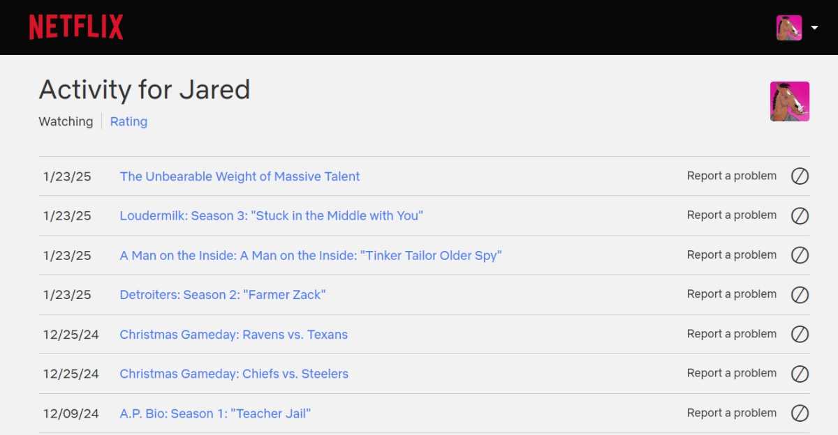 Page d'historique de visionnage de Netflix