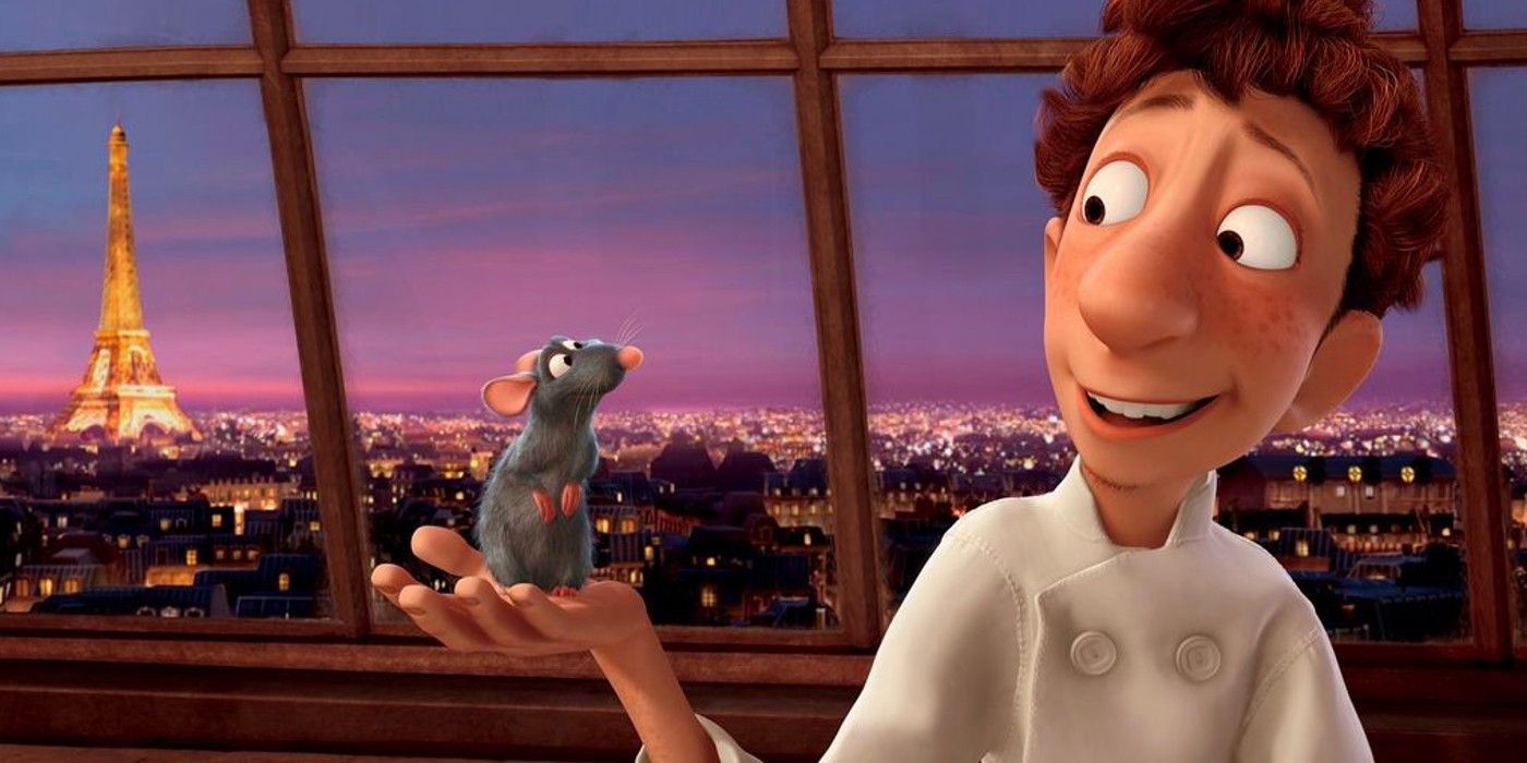 Remy dans la main de Linguini devant la Tour Eiffel dans Ratatouille de Pixar