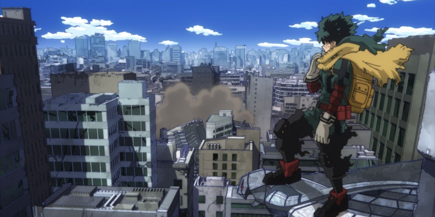 Deku sombre debout sur un bâtiment dans MHA.