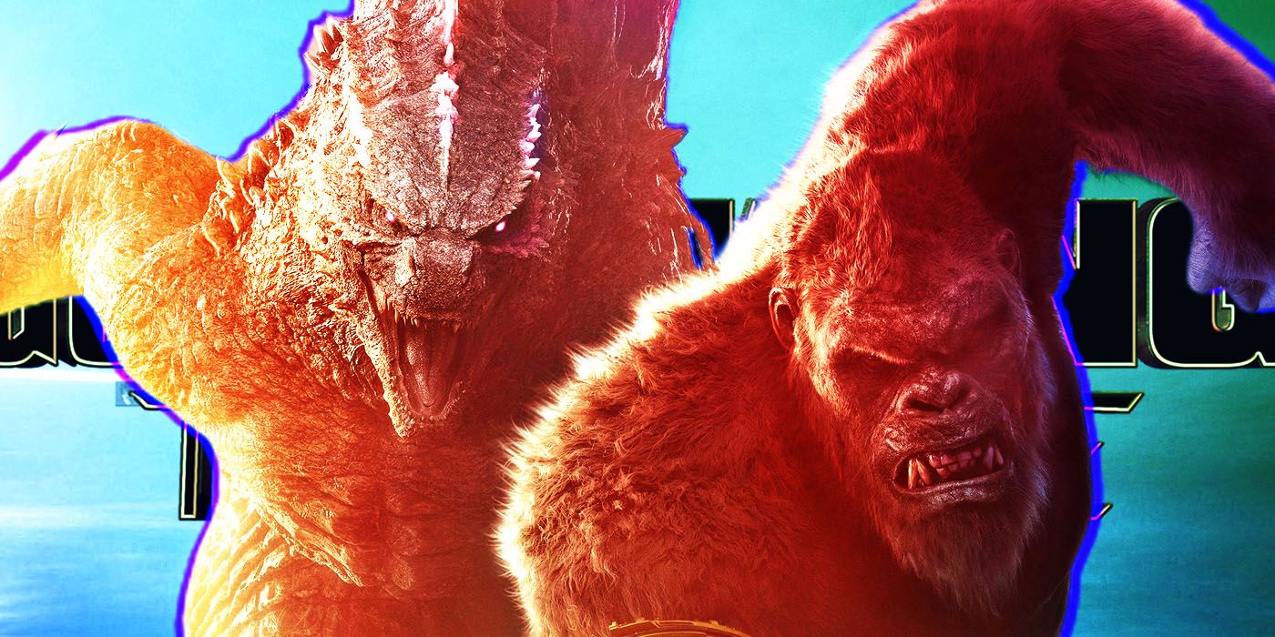 Un collage montre Godzilla et King Kong rugissant dans Godzilla X Kong New Empire.