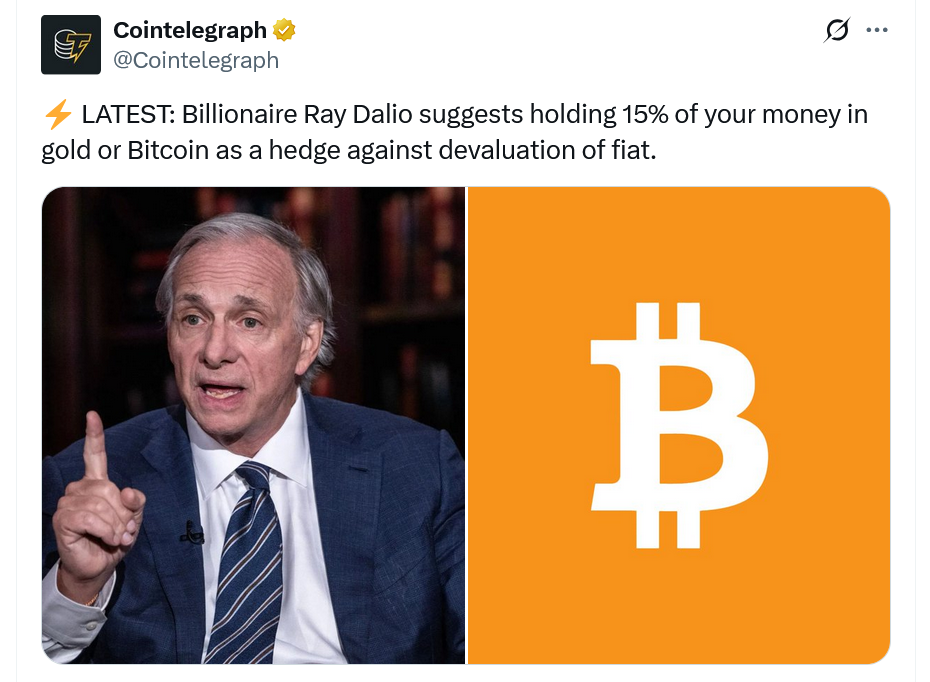 Ray Dalio conseille l’or et le Bitcoin