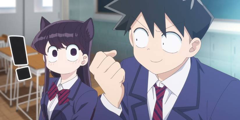Image de Komi avec des oreilles de chat et Tadano levant le poing