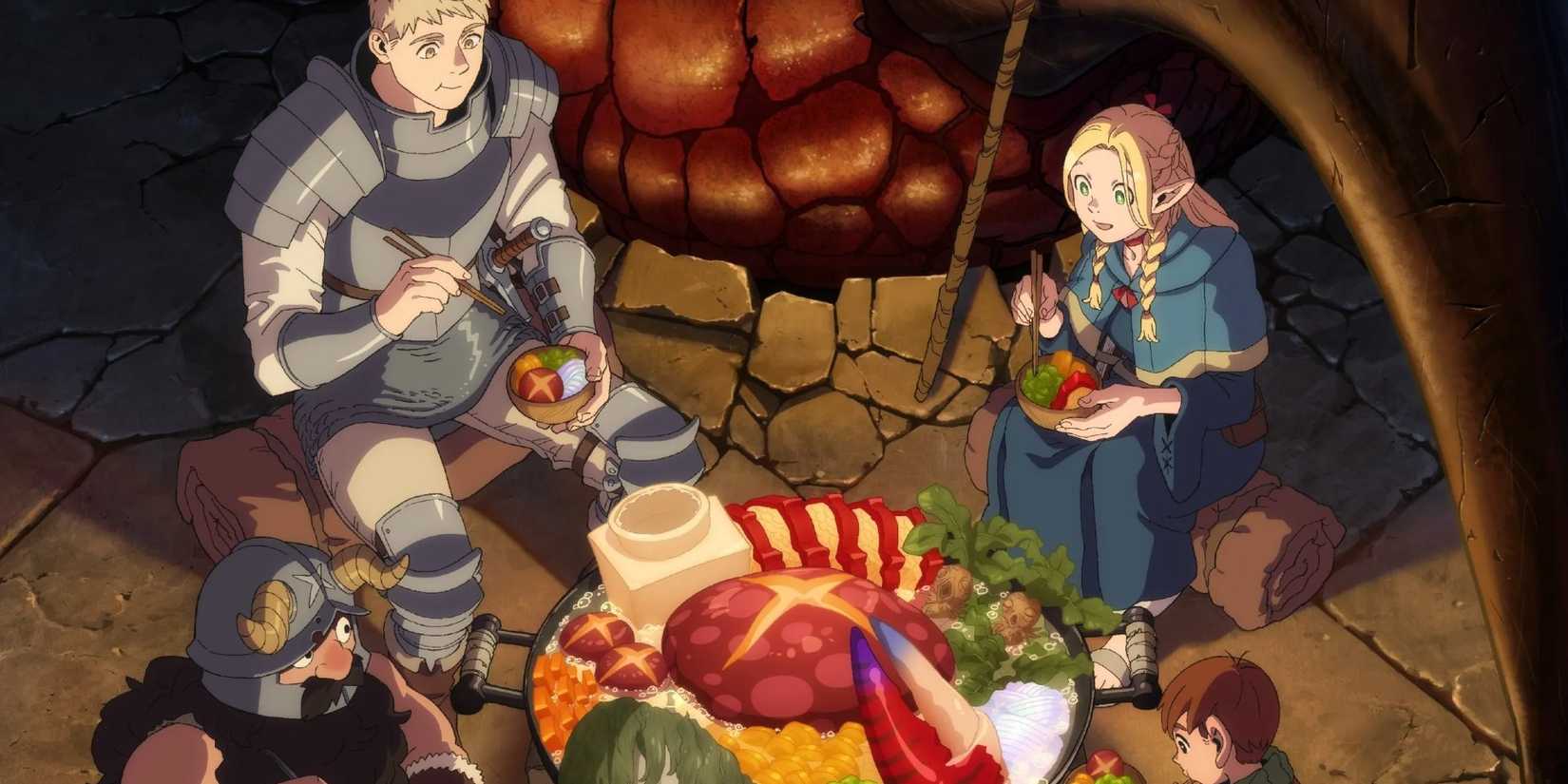 Les personnages principaux dégustent un repas dans le donjon