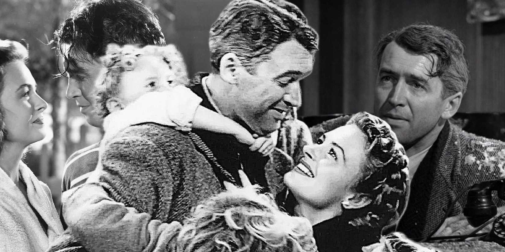 Une image composite de George serrant sa famille dans le film La Vie est Belle.