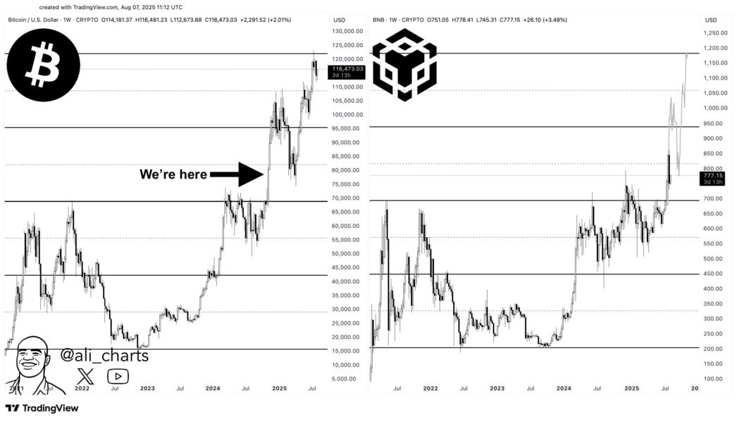 Graphique comparatif BNB et Bitcoin