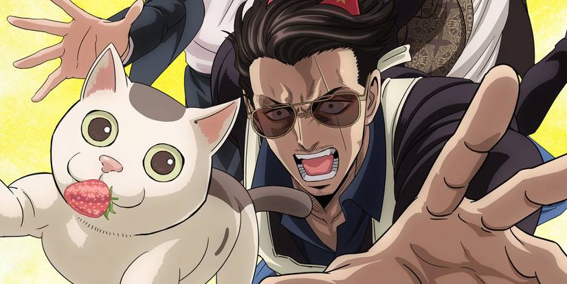 Tatsu dans The Way of the Househusband poursuivant un chat mangeant une fraise