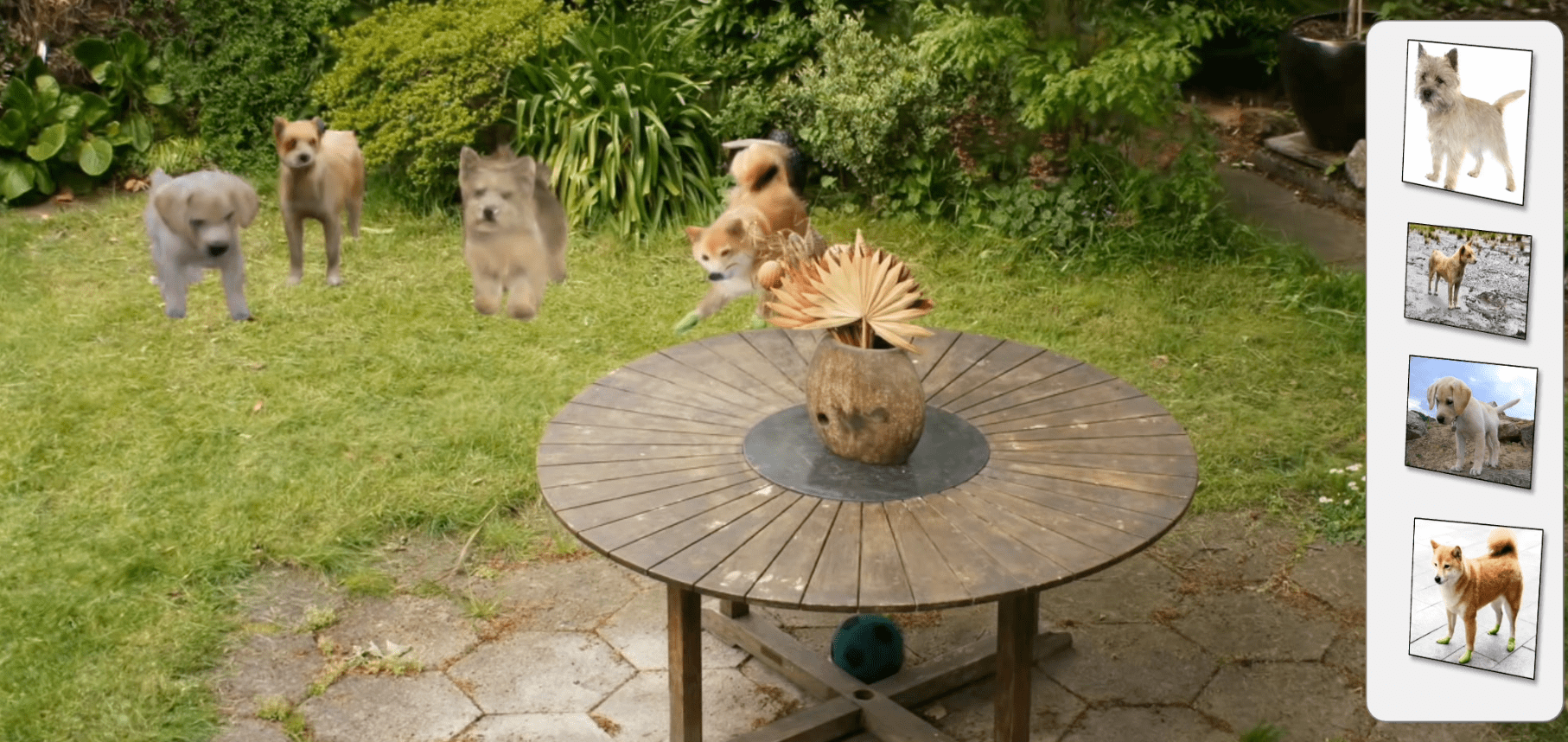quatre chiens numériques jouant dans un jardin virtuel