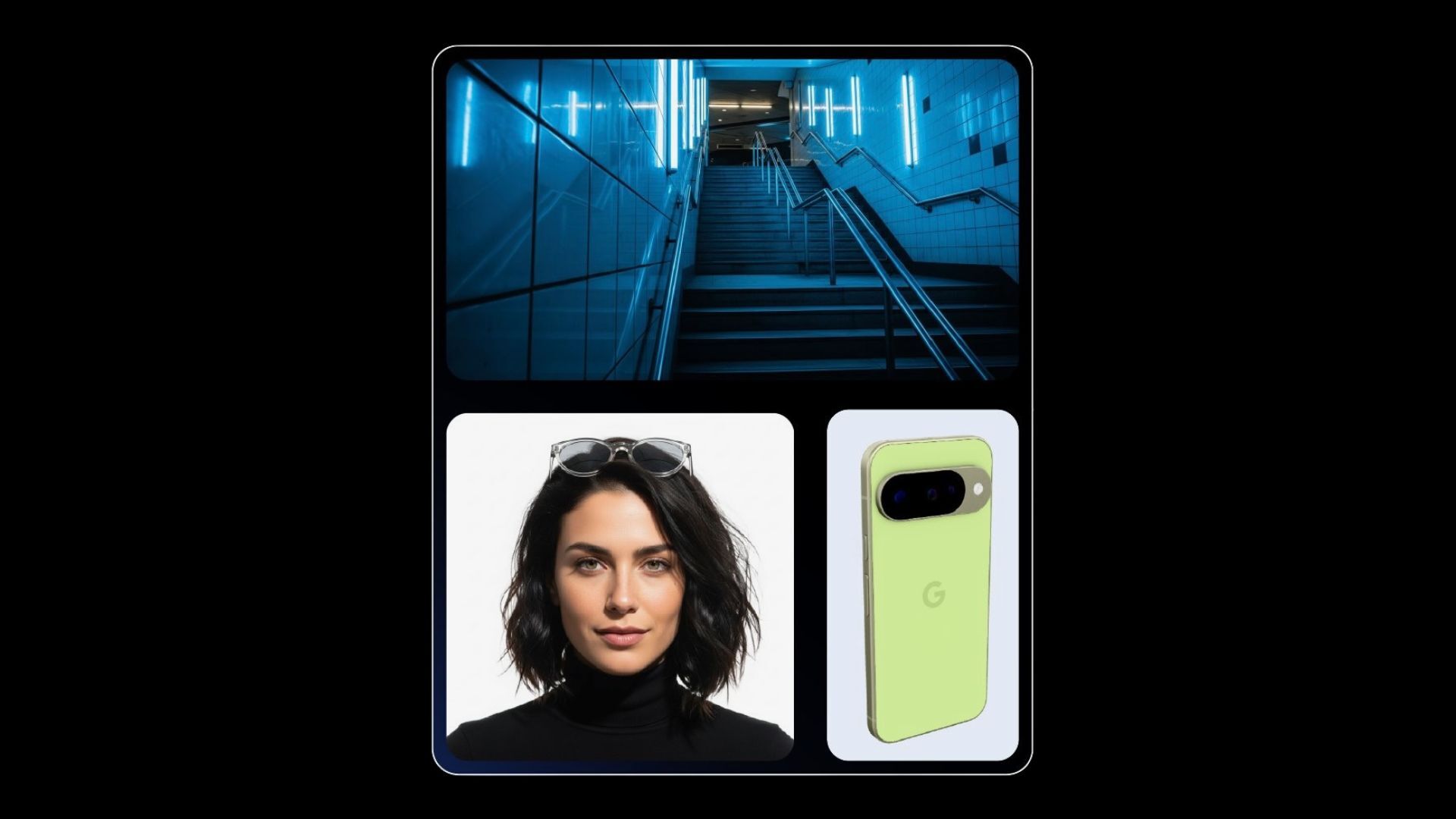 trois photos montrant un escalier, une femme, et un téléphone vert en pixel