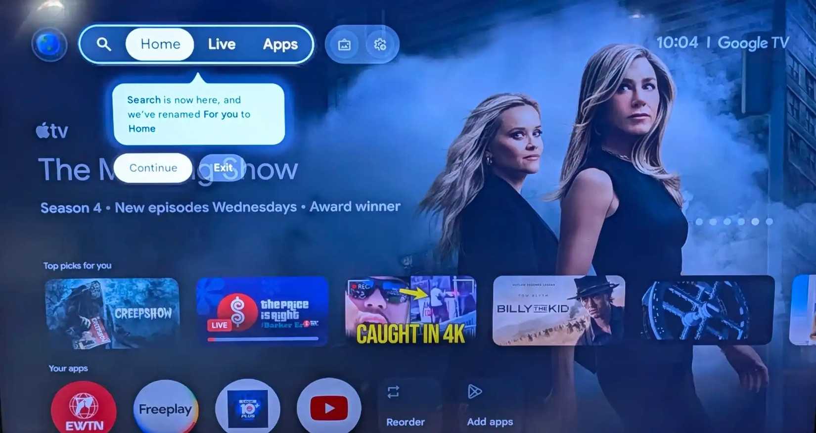 Changement d'écran d'accueil de Google TV