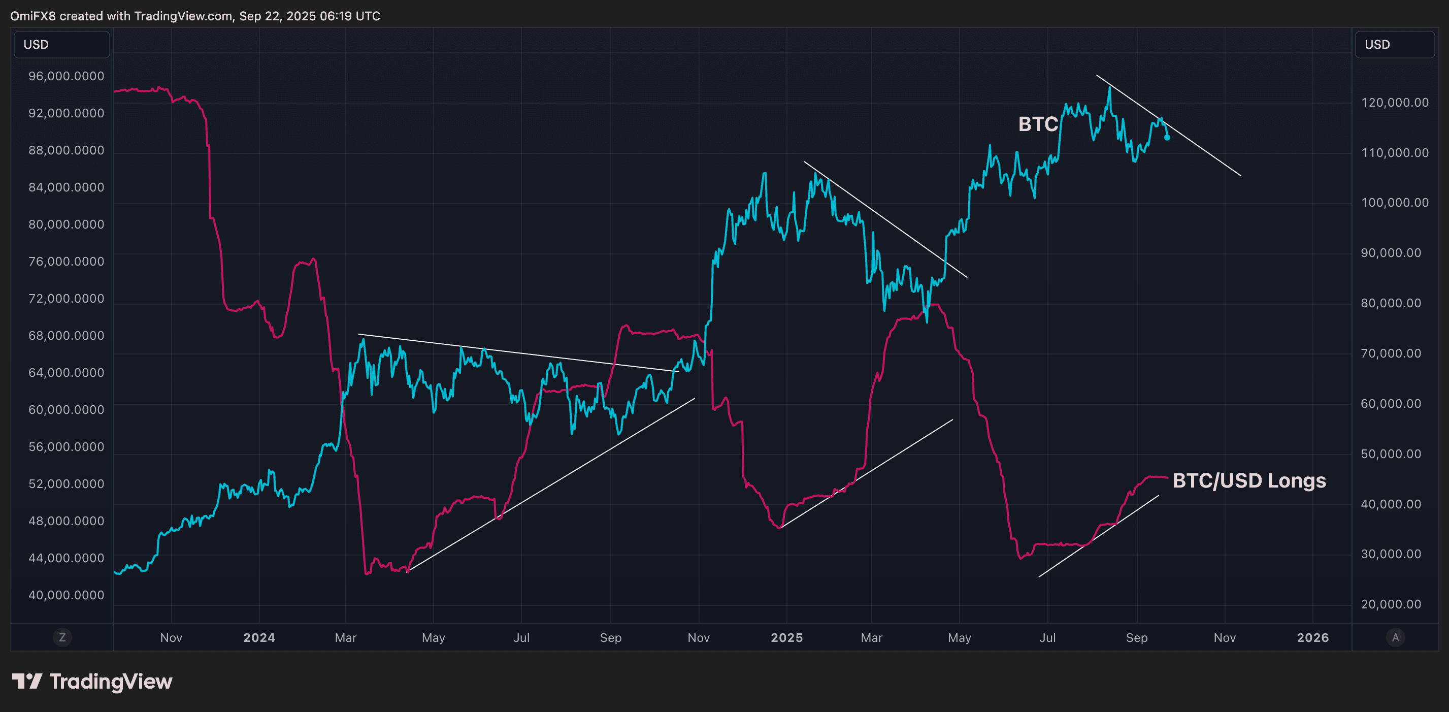 Comparaison quotidienne des positions longues BTC/USD sur Bitfinex et prix spot du BTC