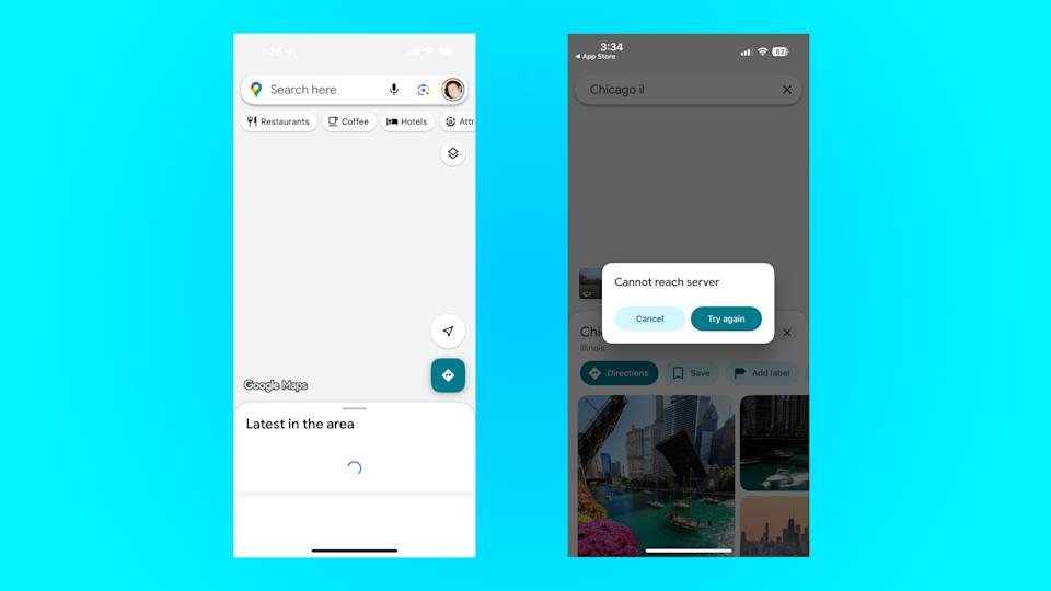 Deux captures d'écran de l'application Google Maps échouant à charger sa carte ou à se connecter à son serveur.