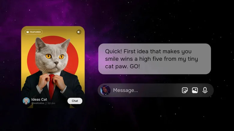 Un utilisateur entame un dialogue avec le personnage intitulé 'Ideas Cat'.