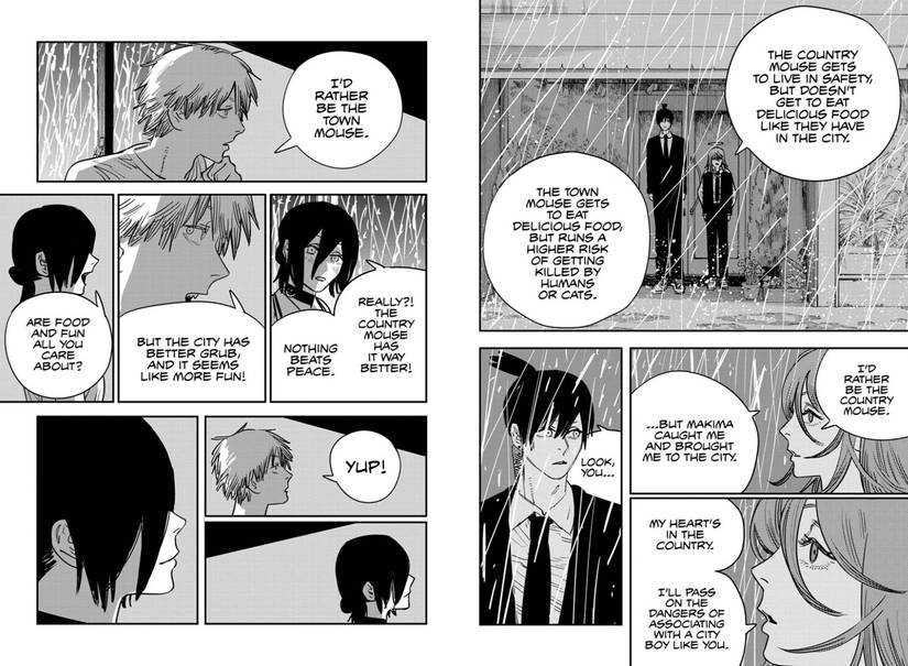 Angel et Reze expliquent l'allégorie de la souris de ville et de la souris des champs dans le manga Chainsaw Man