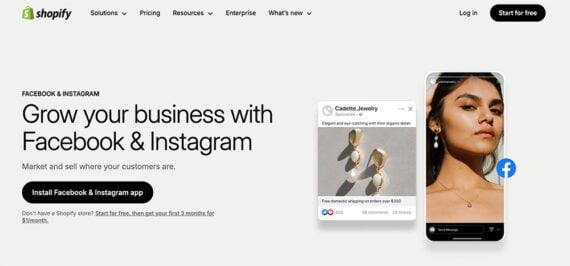 Capture d'écran de la page Shopify mettant en avant les intégrations Facebook et Instagram