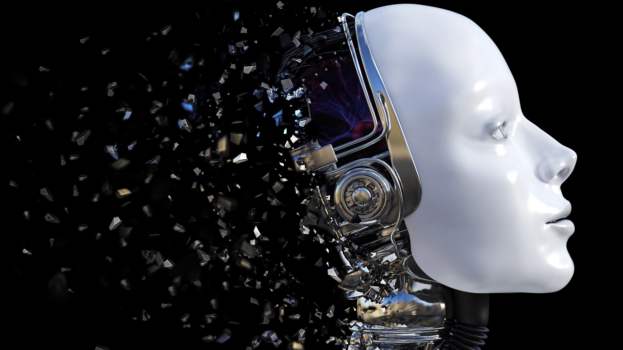 tête de robot avec des parties explosant