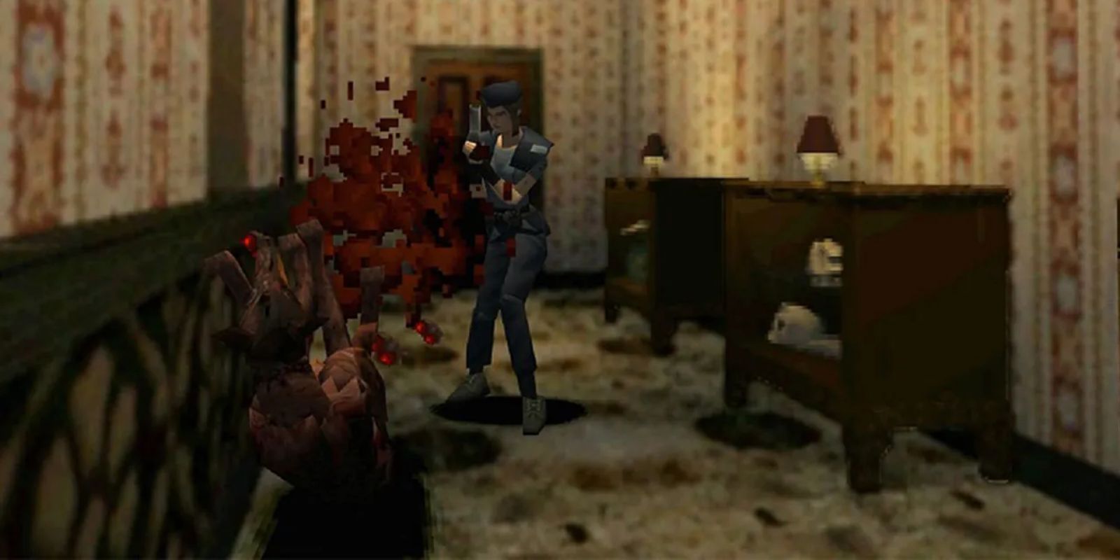 Resident Evil 1 PS1 Jill confrontant un chien zombie