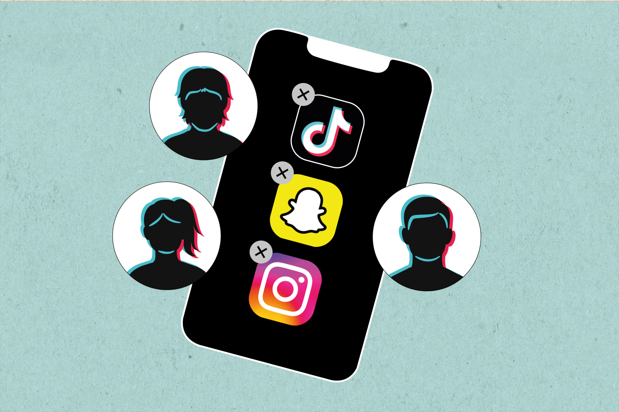 Illustration d’un smartphone entouré de symboles de TikTok, Snapchat et Instagram.