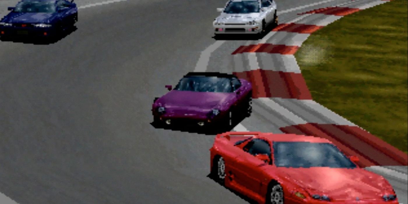 Une vue de face de voitures dans Gran Turismo sur PS1.
