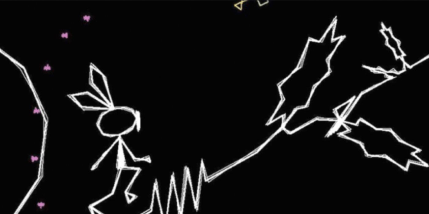 Vibri grimpe une colline dans Vib-Ribbon sur PlayStation.