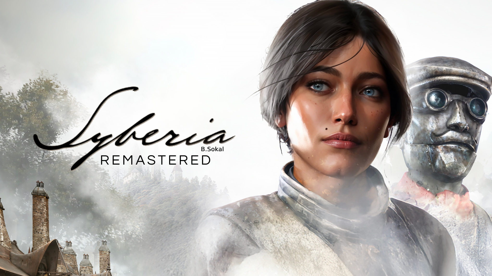 Syberia Remastered; une femme et un robot dans un paysage gris nuageux