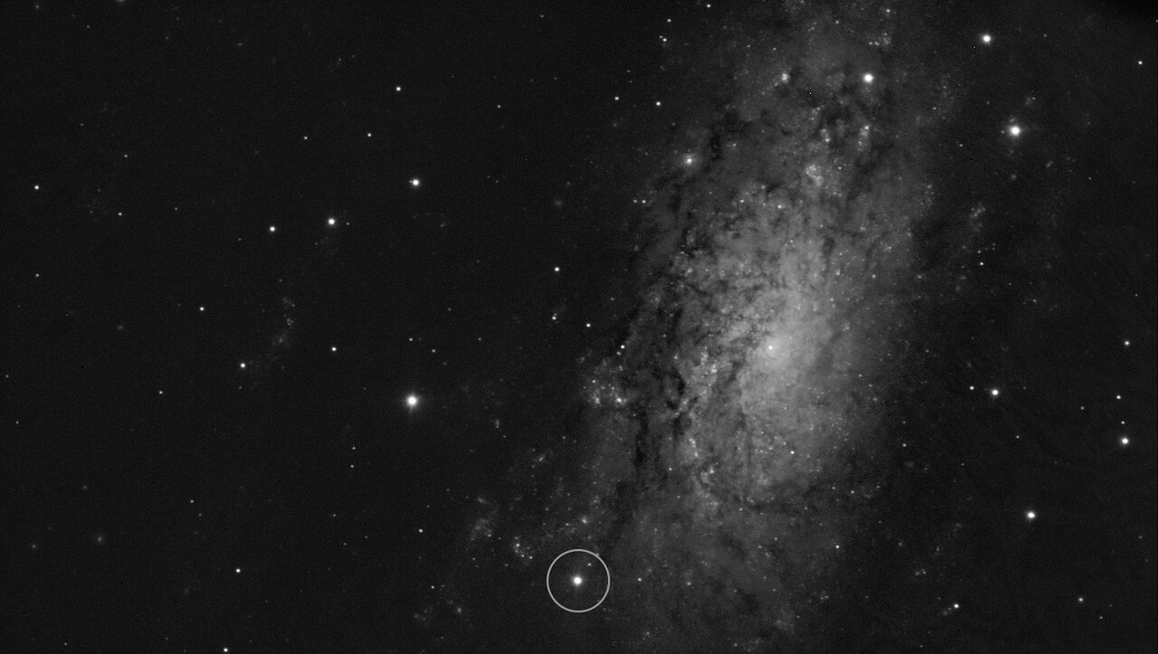 Image en niveaux de gris montrant une galaxie spirale avec un point lumineux encerclé en bas où une étoile a explosé en supernova