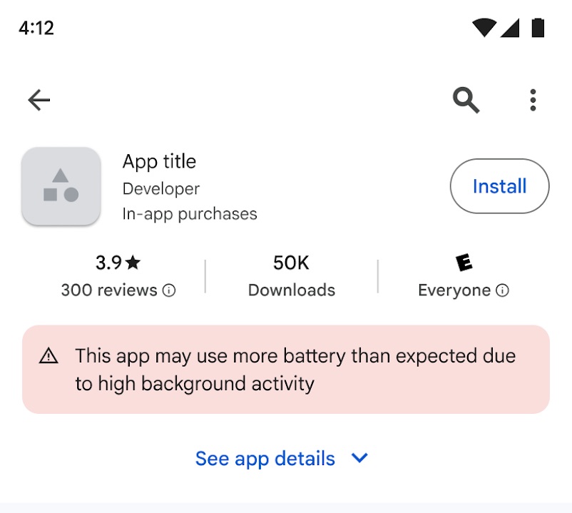 Étiquette de consommation de batterie sur le Play Store