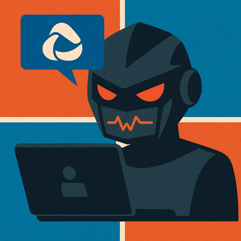 IMAGE: Illustration d'un assistant IA robotique, avec des yeux rouges brillants, travaillant sur un ordinateur portable, avec le logo de Windows en arrière-plan.
