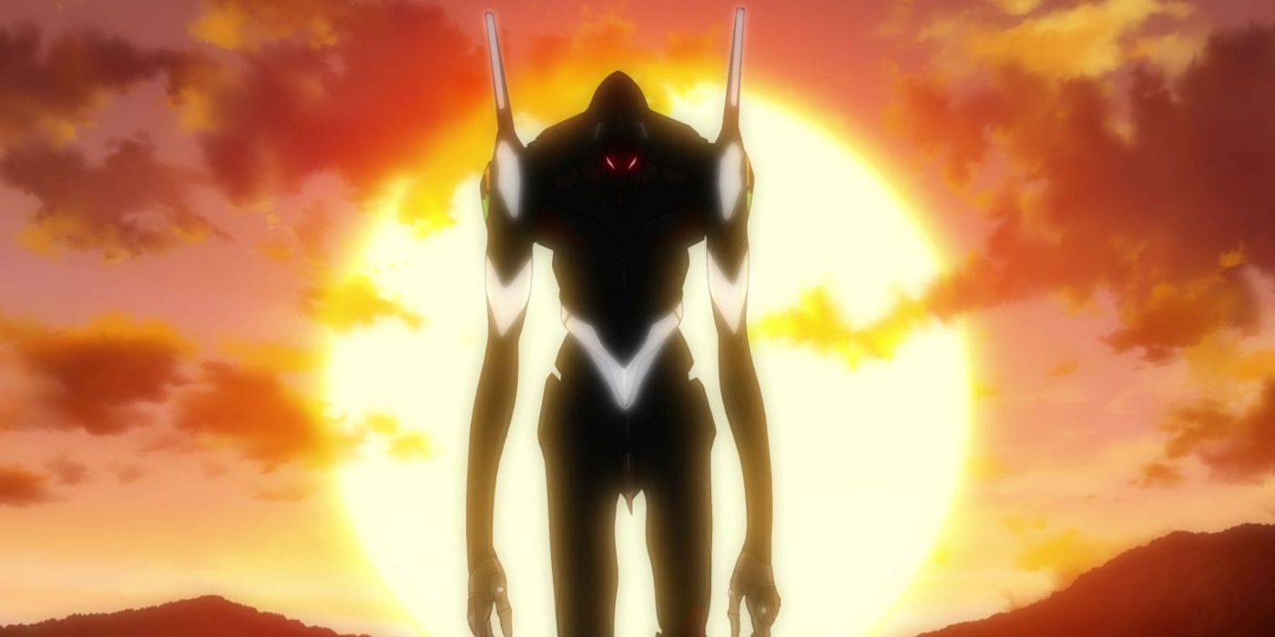 Bardiel silhouetté contre un soleil couchant dans Neon Genesis Evangelion.