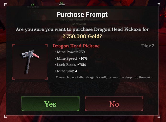 Statistiques de la pioche Dragon Head dans The Forge