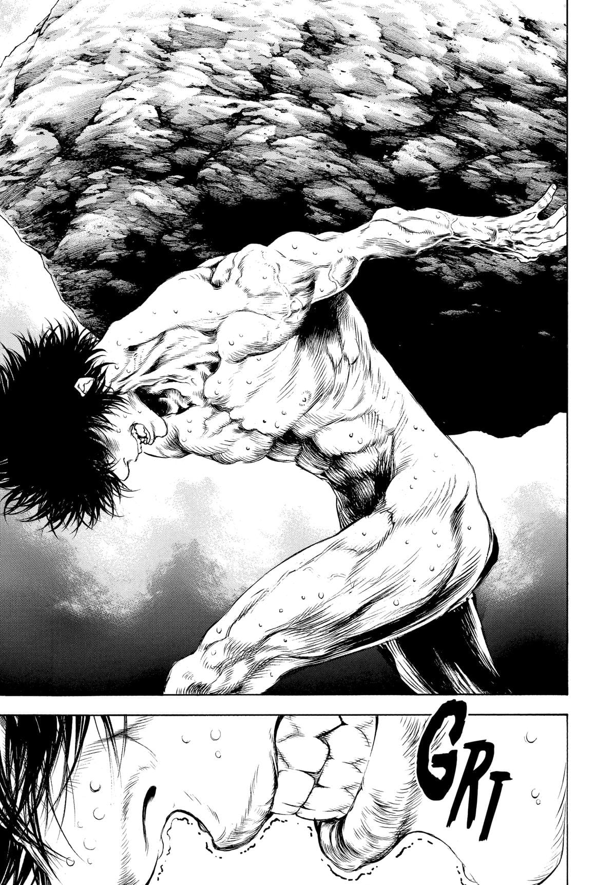 Manga panel de The Climber montrant Mori portant un rocher sur son dos.
