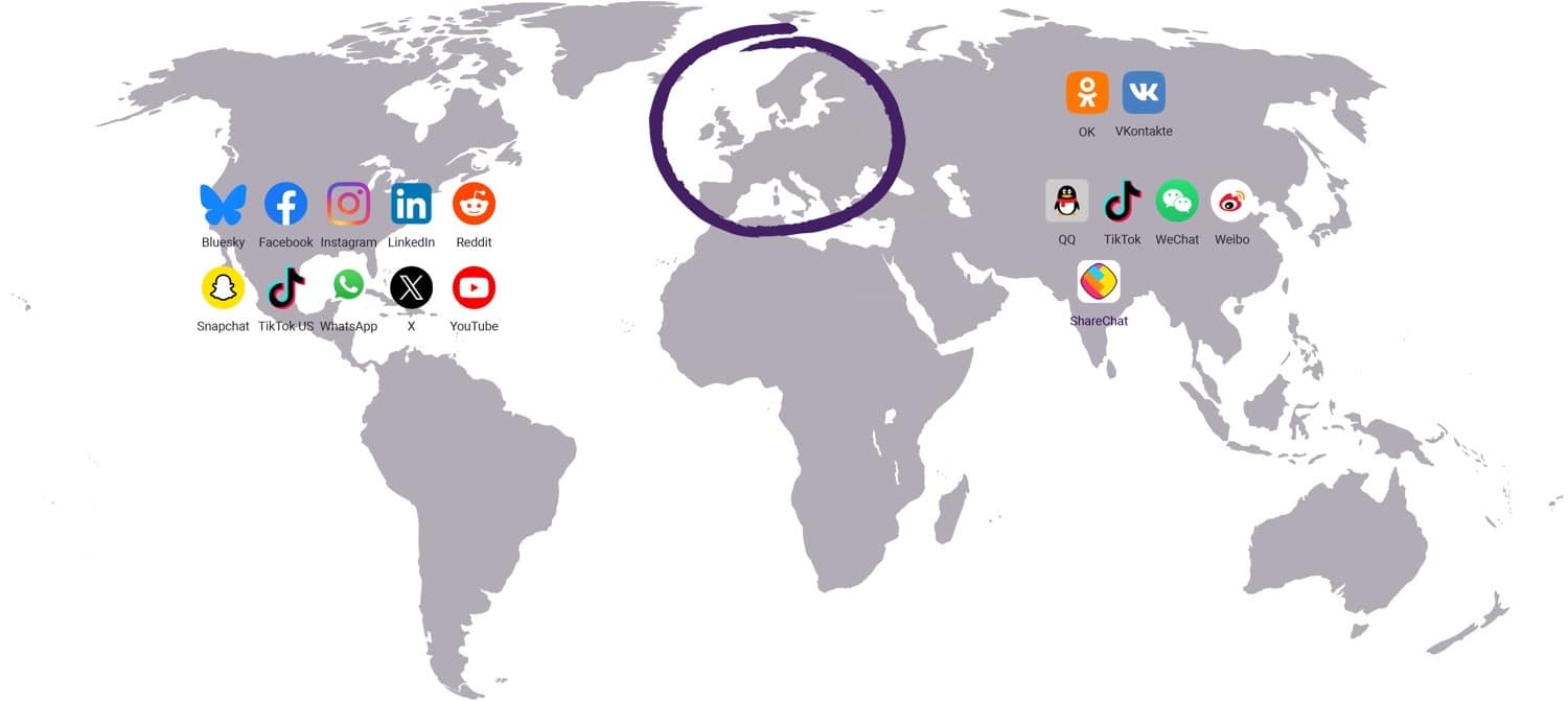 Carte du monde avec l'origine des réseaux sociaux, un cercle vide autour de l'Europe