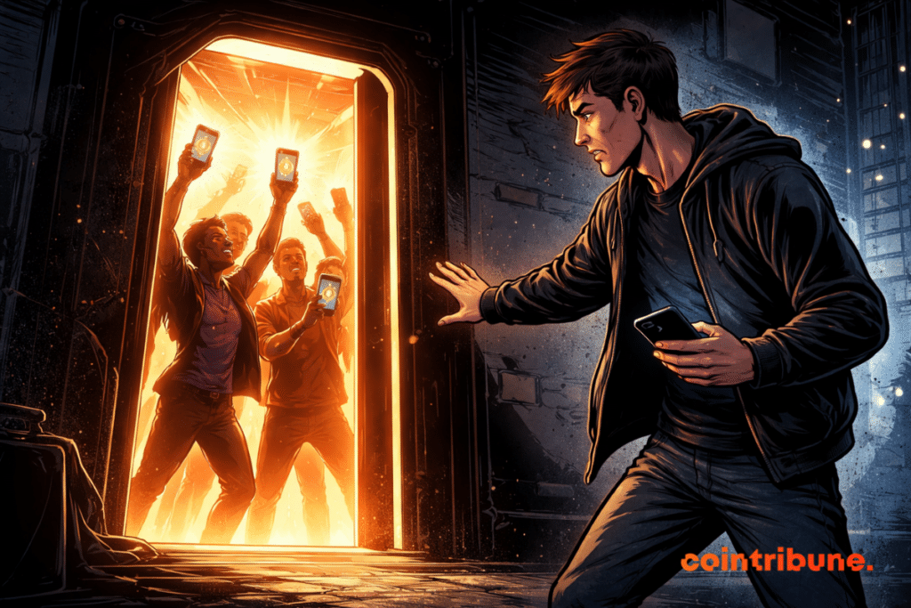 Un jeune tenant son smartphone dans une rue sombre, regardant une porte illuminée où des personnes célèbrent, leurs téléphones levés sous une lumière orange.