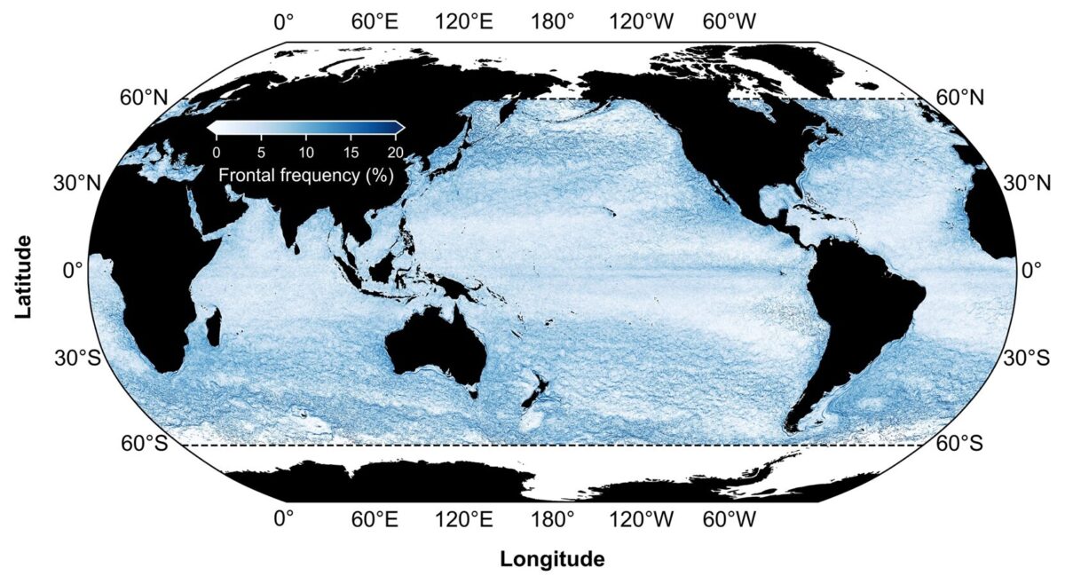 Distribution mondiale de la fréquence des fronts océaniques