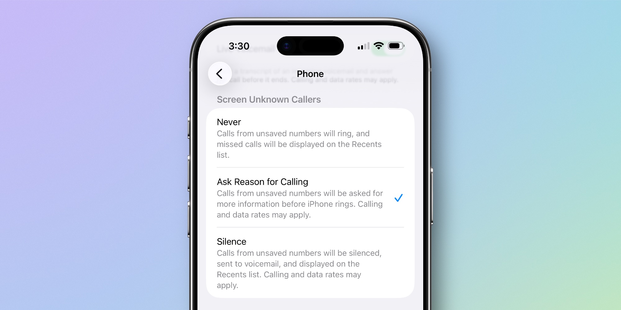 Option de filtrage des appels sur iOS 26