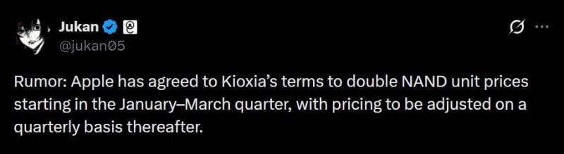 Apple To Pay Kioxia 2X In Nand Prices For January To March Quarter