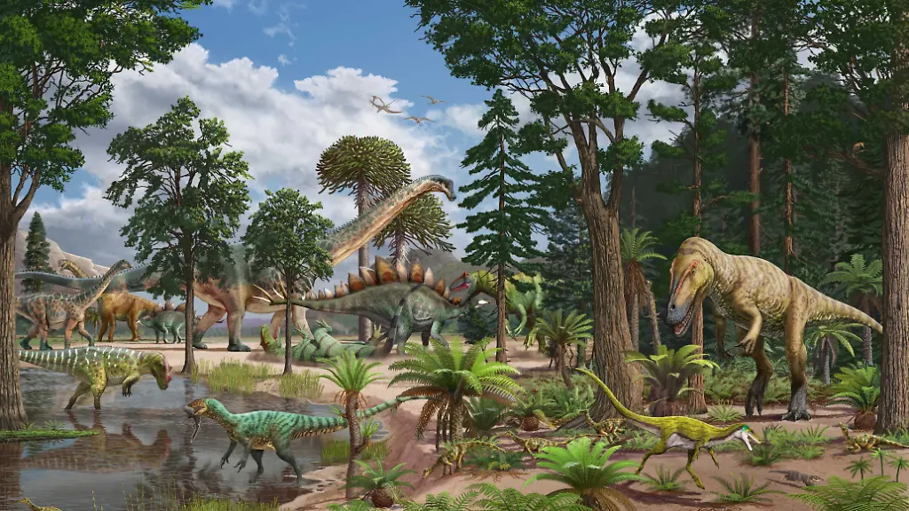 Représentation artistique de l'écosystème de la Dry Mesa Dinosaur Quarry il y a environ 150 millions d'années.
