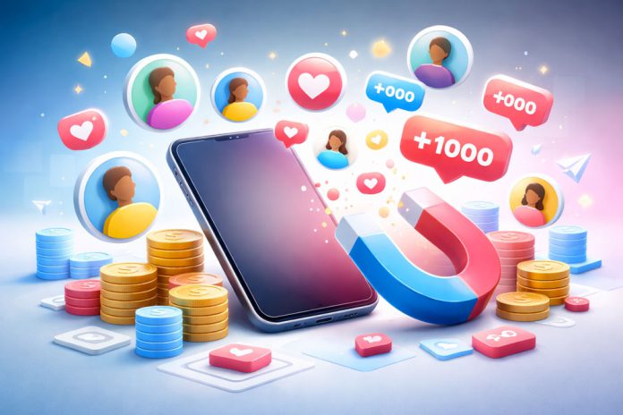 Illustration d'un téléphone entouré d'icônes de profils, de cœurs et de symboles de notifications pour montrer la croissance des abonnés TikTok.