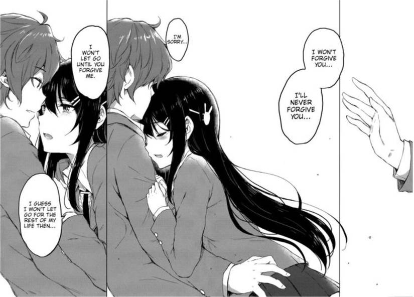 Un extrait du manga Rascal Does Not Dream of Bunny Girl Senpai montrant Mai tombant sur Sakuta.